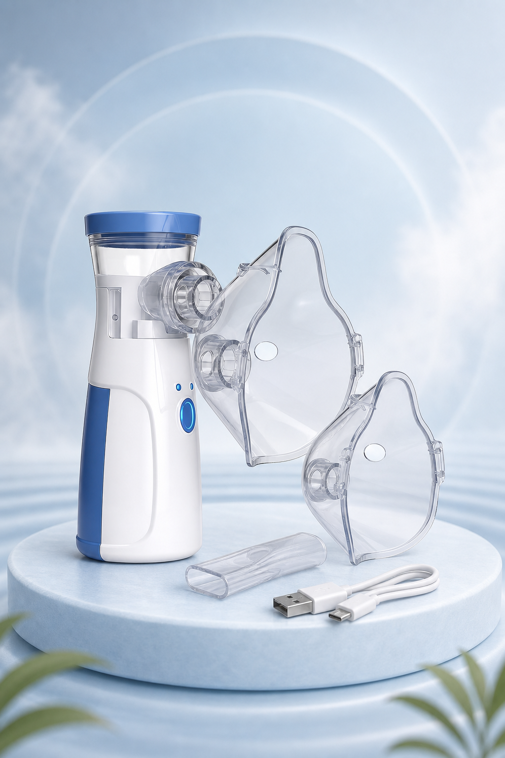 Kit InhalaZen con nebulizador, mascarillas, boquilla y cable USB