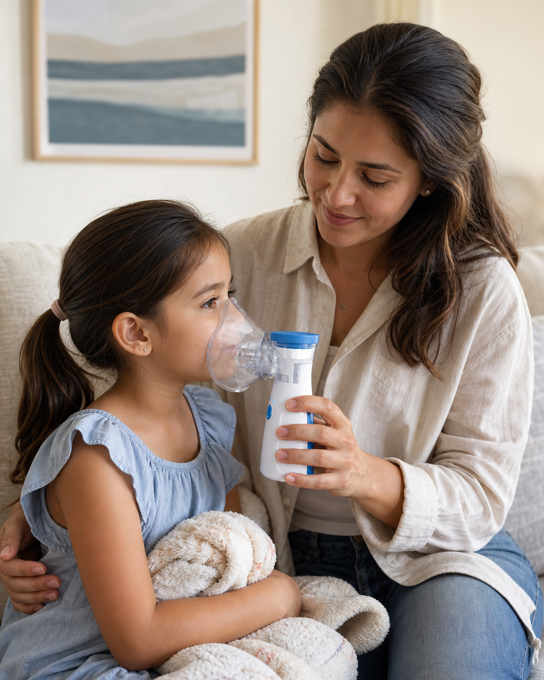 Niña usando InhalaZen bajo supervisión adulta