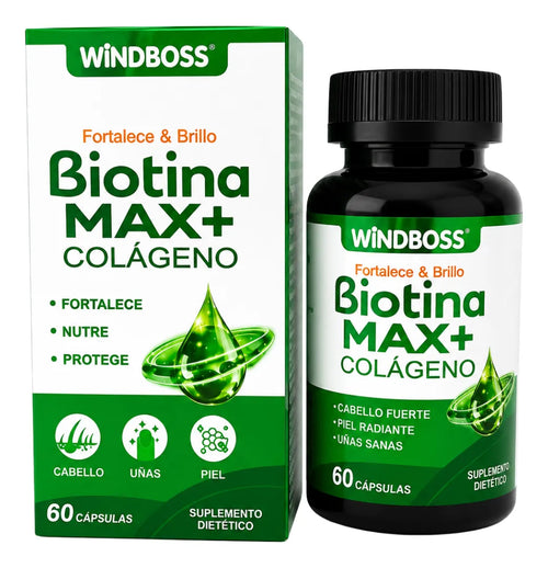 Biotina MAX+ con Colágeno Windboss, caja y frasco de 60 cápsulas