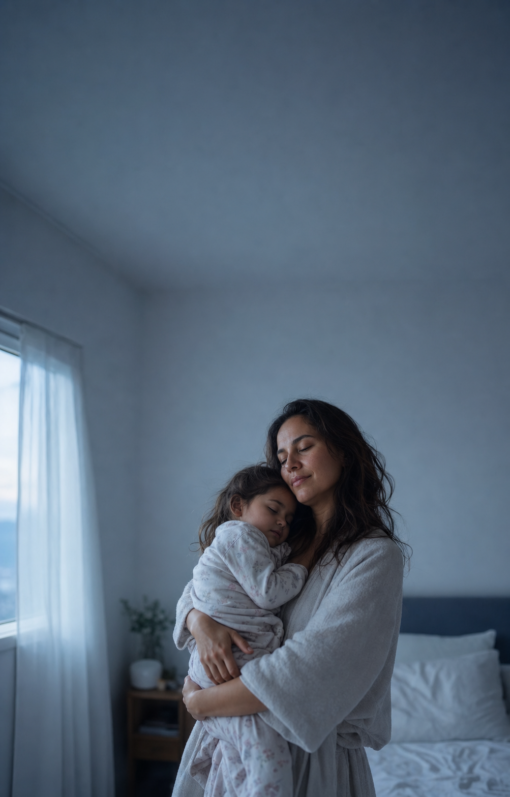 Madre cargando a su hija durante una rutina tranquila en casa
