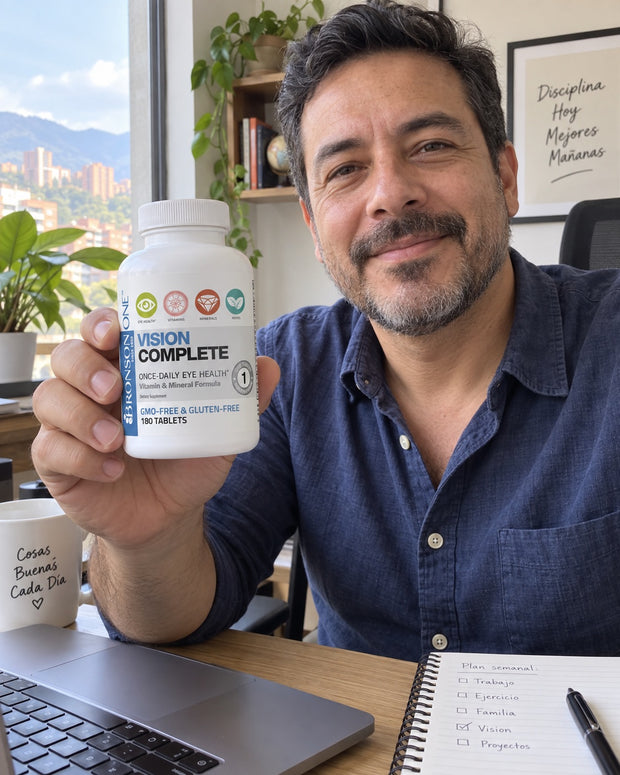 Hombre adulto mostrando Vision Complete en su escritorio